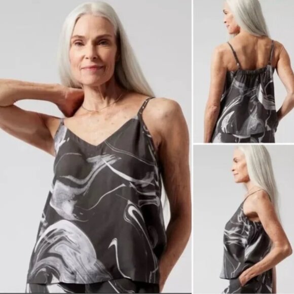 XXS, S, M - ATHLETA - Calm Cool Cami Marble Gray White Silky NEW - Picture 1 of 4